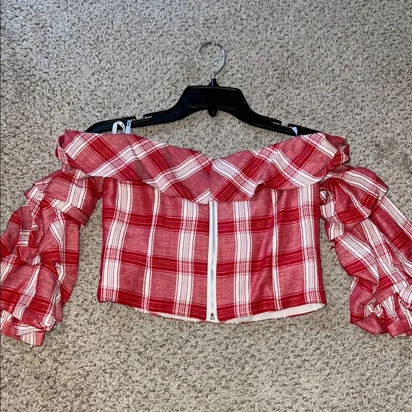 Bardot Red Plaid Off-Shoulder Women's Top - Picture 6 of 6